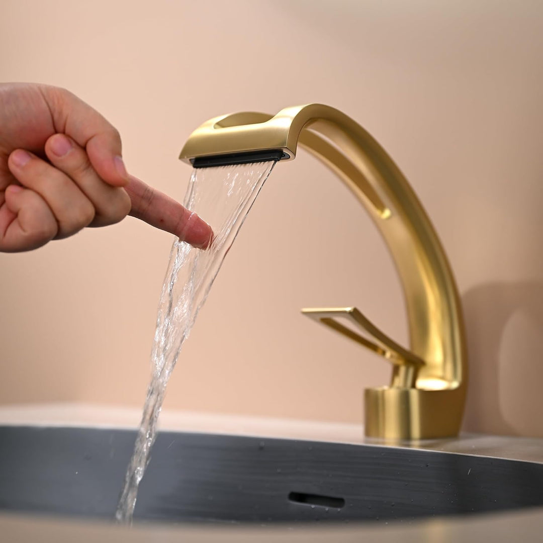 Waschtischarmatur Gebürsteter Gold, Wasserhahn Bad Waschbecken Armatur Wasserfall Badarmatur, Wassse