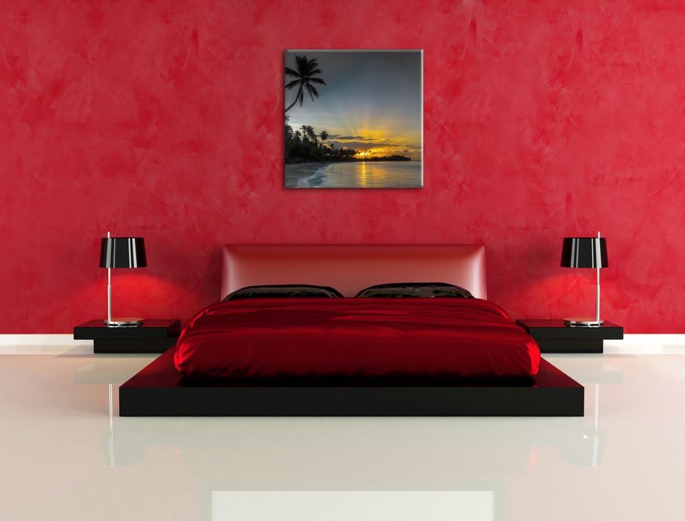 Pixxprint schöner Strand beim Sonnenuntergang schwarz/weiss, Format: 70x70 auf Leinwand, 70x70