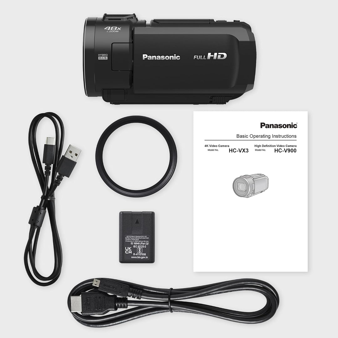 Panasonic HC-V900E-K Full-HD-Camcorder, FHD-Video, 25-mm-F1.8-Weitwinkelobjektiv, 24-facher optische