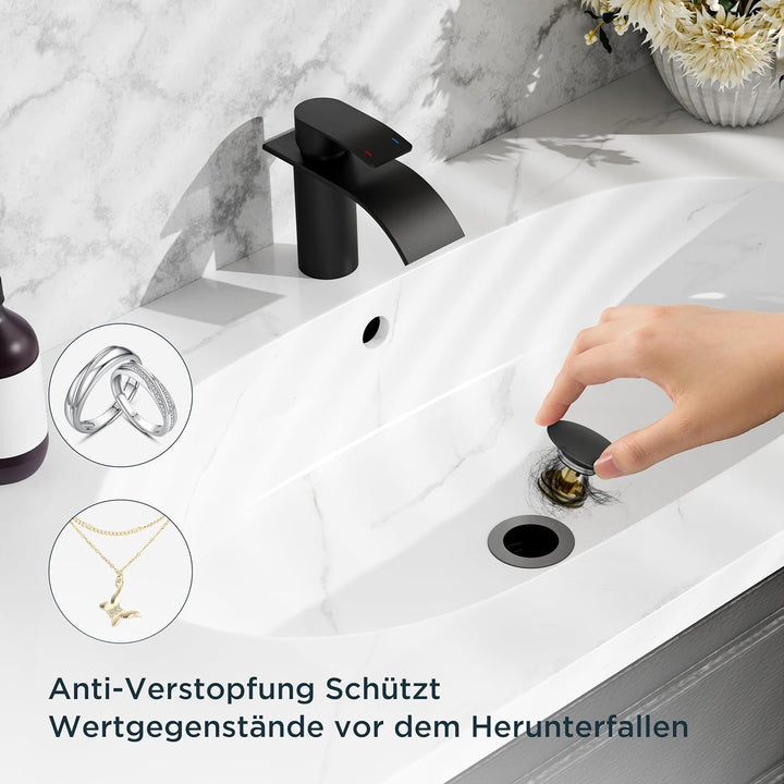 FORIOUS Wasserhahn Bad Schwarz mit Ablaufgarnitur, Edelstahl Wasserfall Waschbeckenarmatur mit Ausla