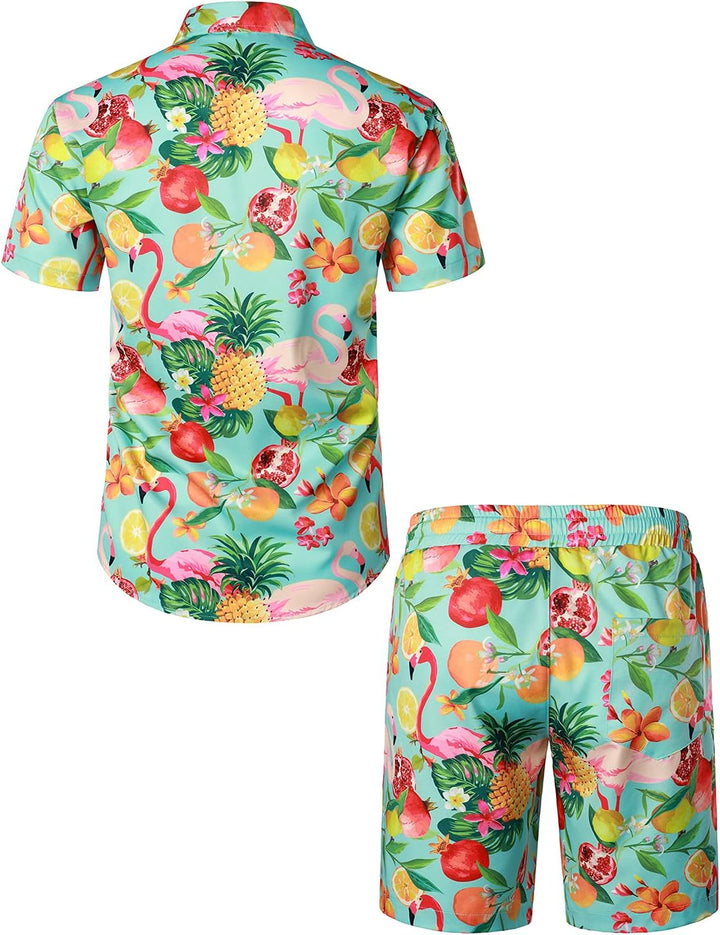 JOGAL Herren Hawaii Hemd Männer Flamingo Kurzarmhemd und Kurze Hose Set Strand Outfit Sommerhemd Für