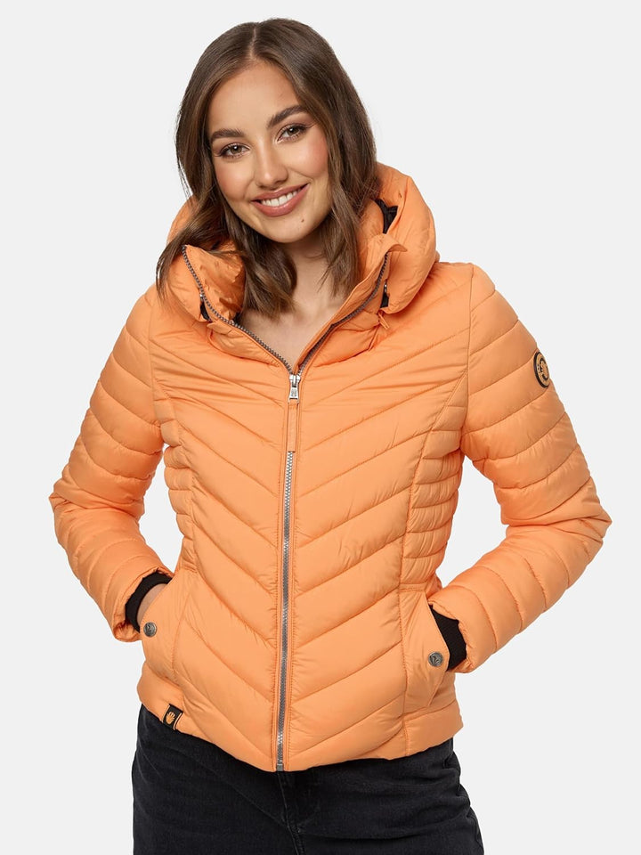 MARIKOO Damen Übergangsjacke leichte Steppjacke kurz mit Abnehmbarer Kapuze Kagomee XS-XXL, Apricot