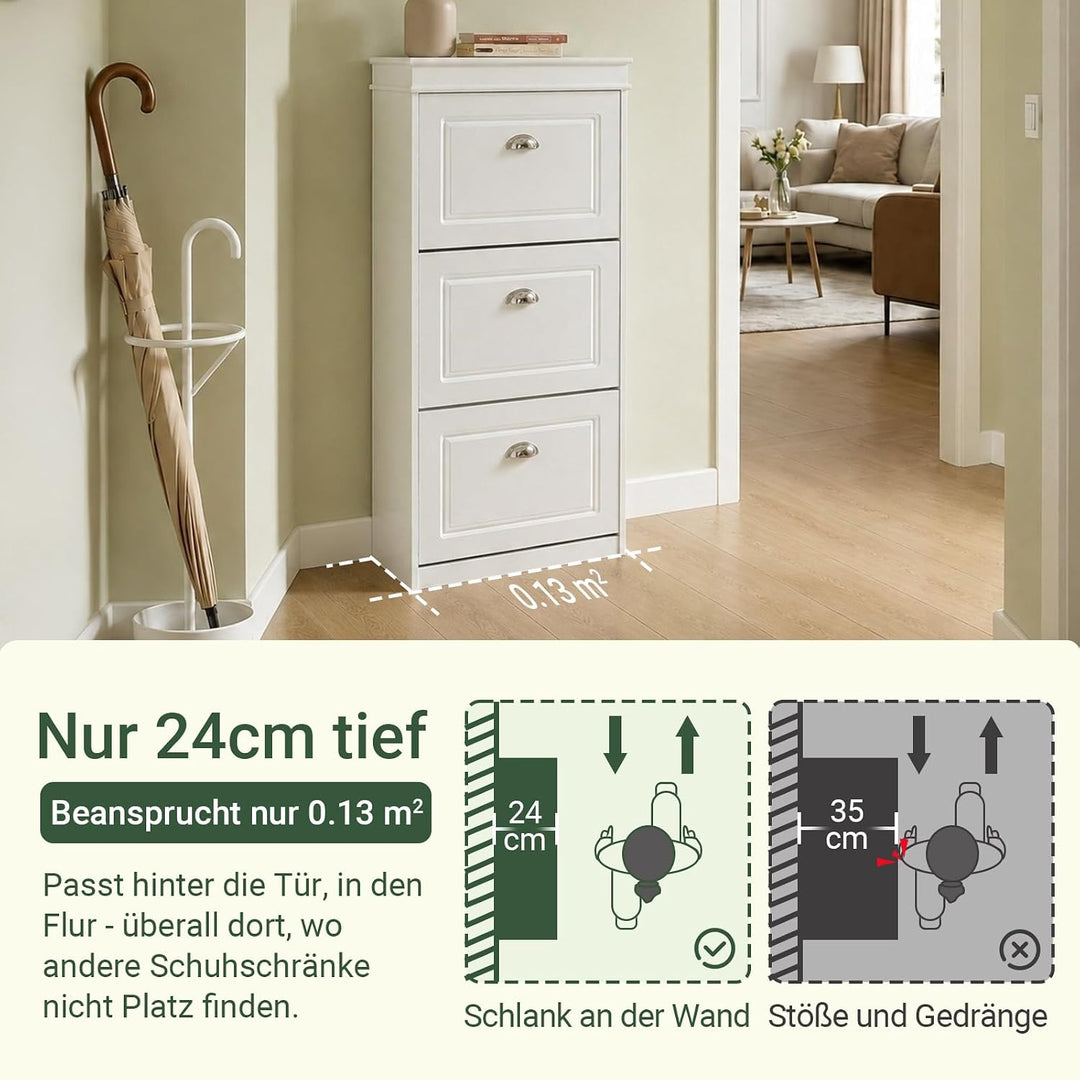 SoBuy Schuhschrank mit 3 Klappen - Schmaler Schuhkipper mit 6 Ablagen, Verstellbares Schuhregal für