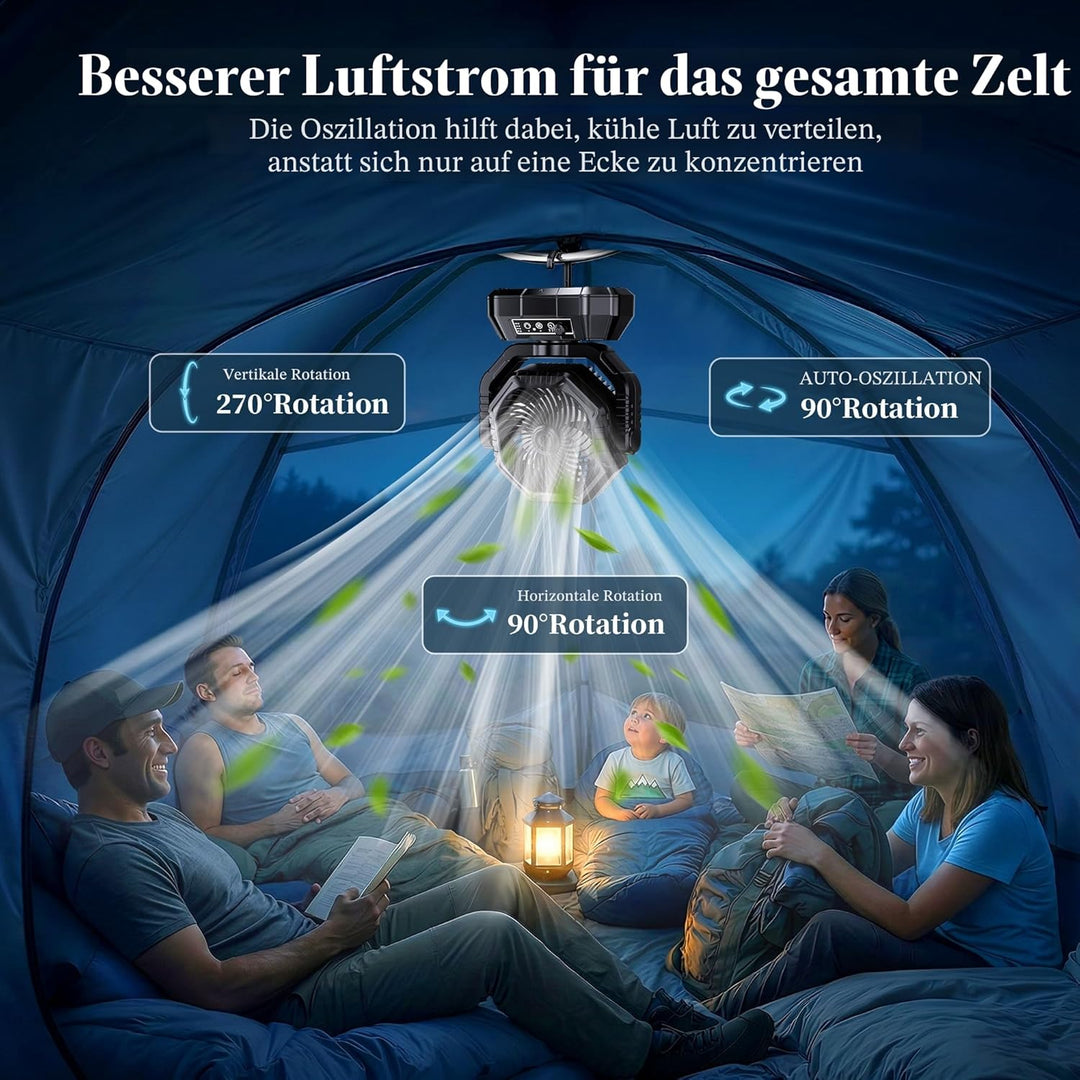 Camping Ventilator, 20000mAh Wiederaufladbarer Ventilator mit LED Licht & Haken, 270° Drehung, Stufe