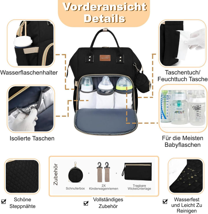Wickelrucksack Gross - Baby Wickeltasche Rucksack Wasserdicht &amp; Leicht mit Wickelunterlage, Schnulle