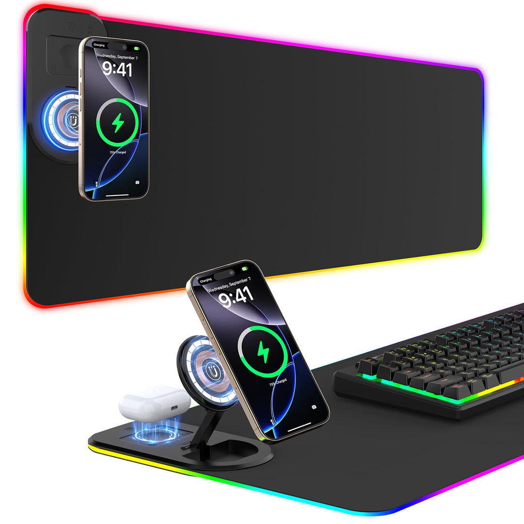 RGB Gaming Mauspad 15W Qi Mousepad LED 800x350x4mm 10 Beleuchtungsmodi mit 10W Schnellladung Qi Kabe