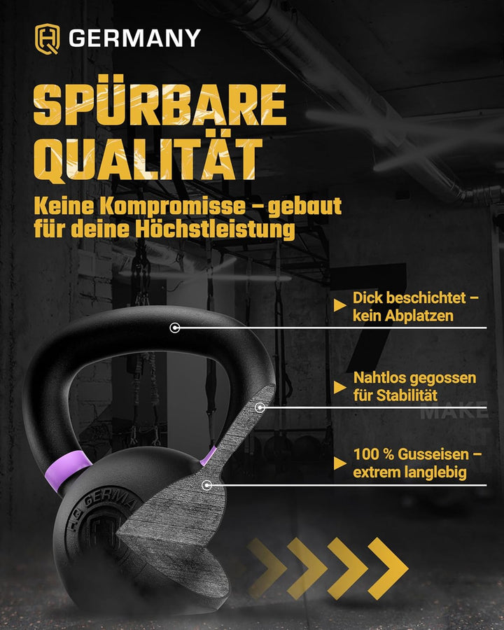HQ Germany® Kettlebell Powdercoat [Pulverbeschichtung] - Kugelhantel 2-32kg | Vollguss ohne Schweiss