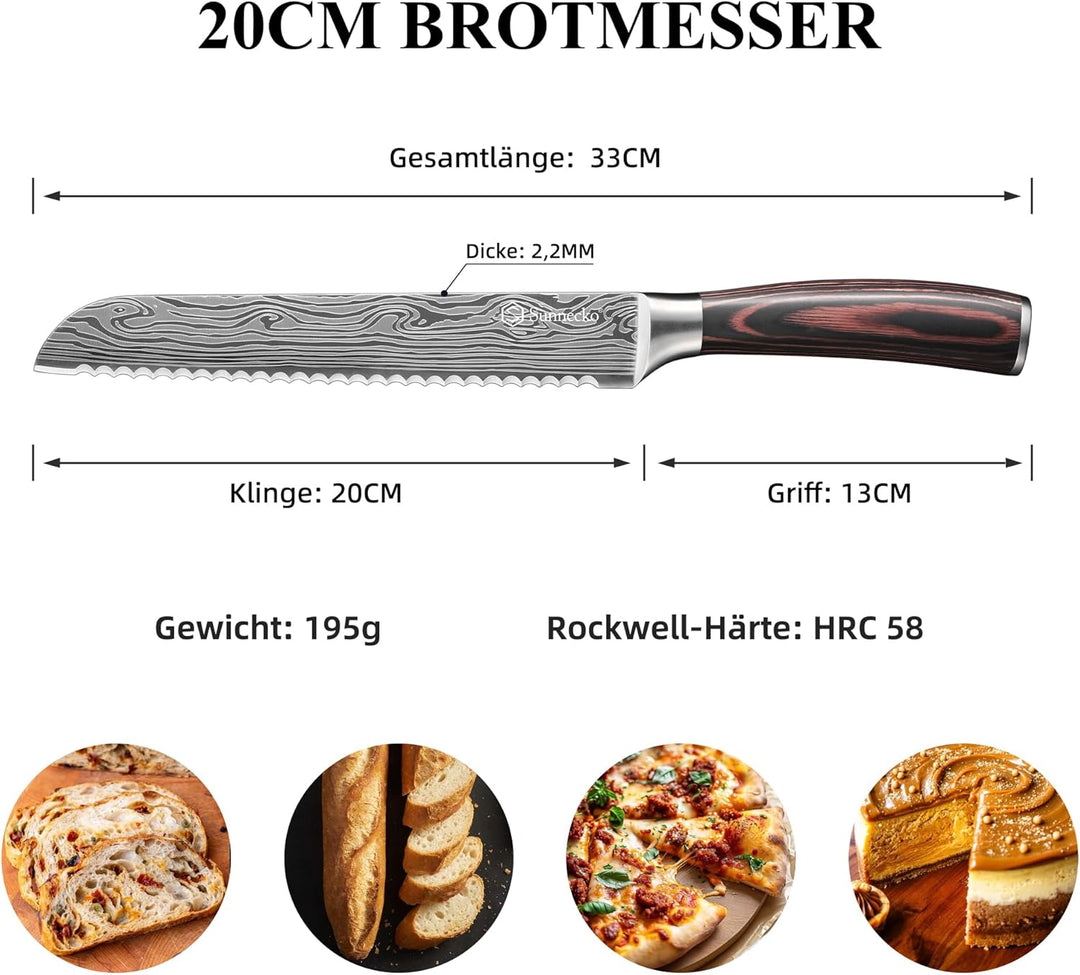 Sunnecko Brotmesser mit Wellenschliff - Brötchenmesser Brotschneidemesser aus Edelstahl, 20cm Klinge
