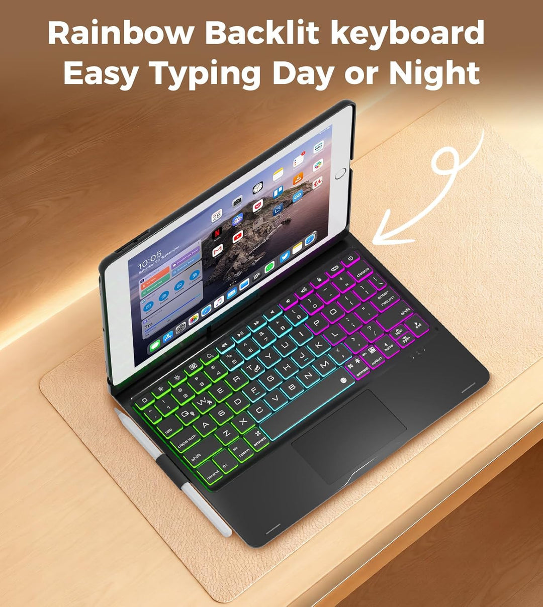 Schutzhülle für iPad 9. Generation mit Tastatur, 360° drehbar, Touchpad und 7 Farben Hintergrundbele