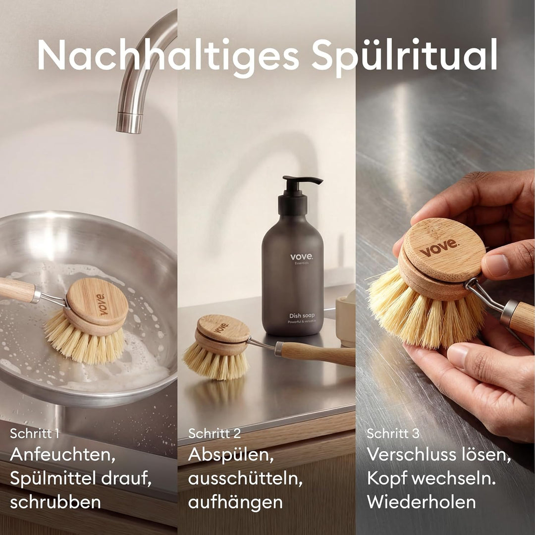 Vove Spülbürsten-Set – FSC-zertifizierter Bambus, Spül- & Scheuerbürsten mit 3 Ersatzköpfen, Borsten
