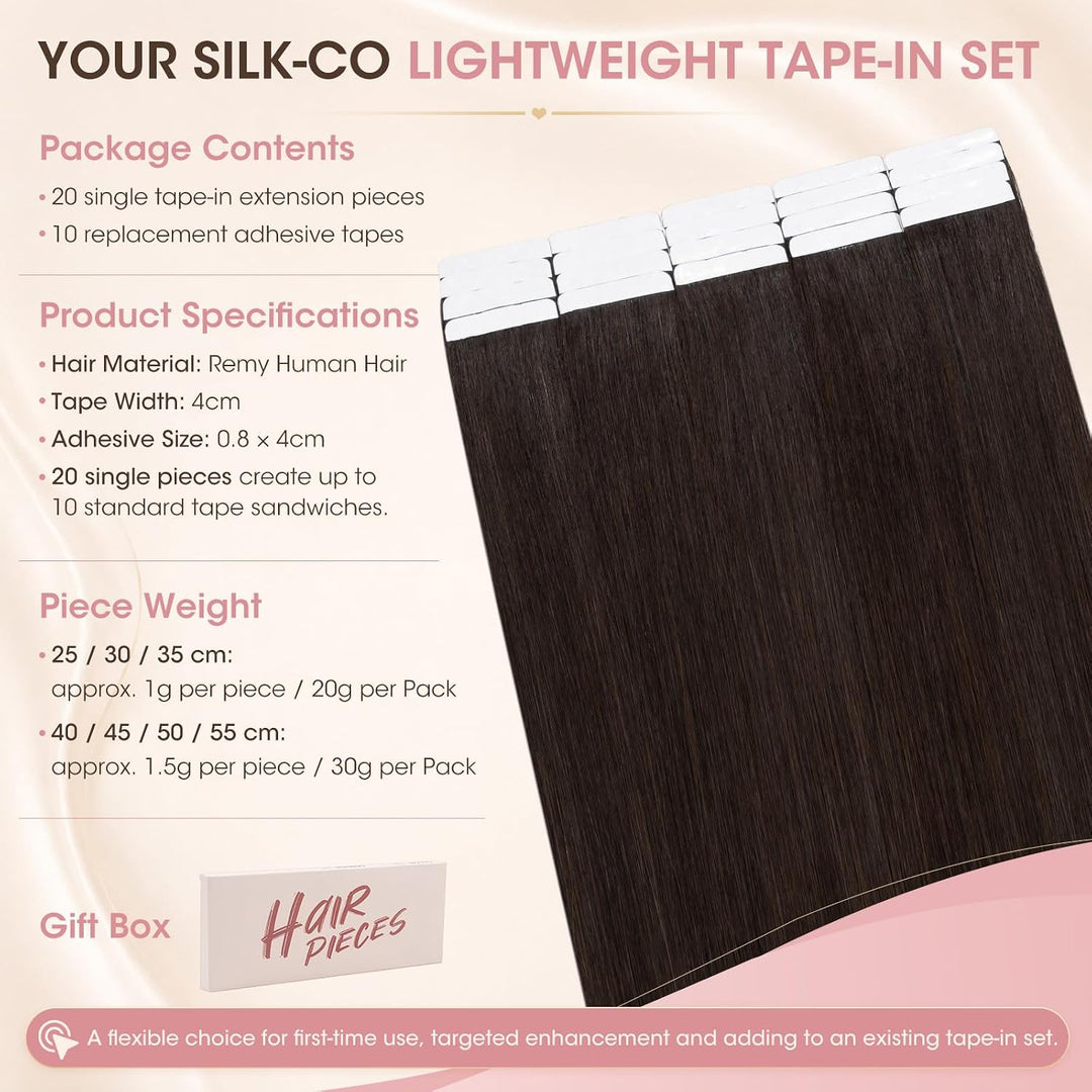 Silk-co Tape in Extensions Echthaar 30g, 20stk leicht Tape Extensions Echthaar, Remy Haarverlängerun