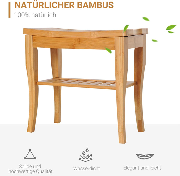 HOMCOM Duschhocker Badhocker mit Ablage Duschsitz Duschstuhl Badstuhl Badregal Bambus Natur 47,5 x 2