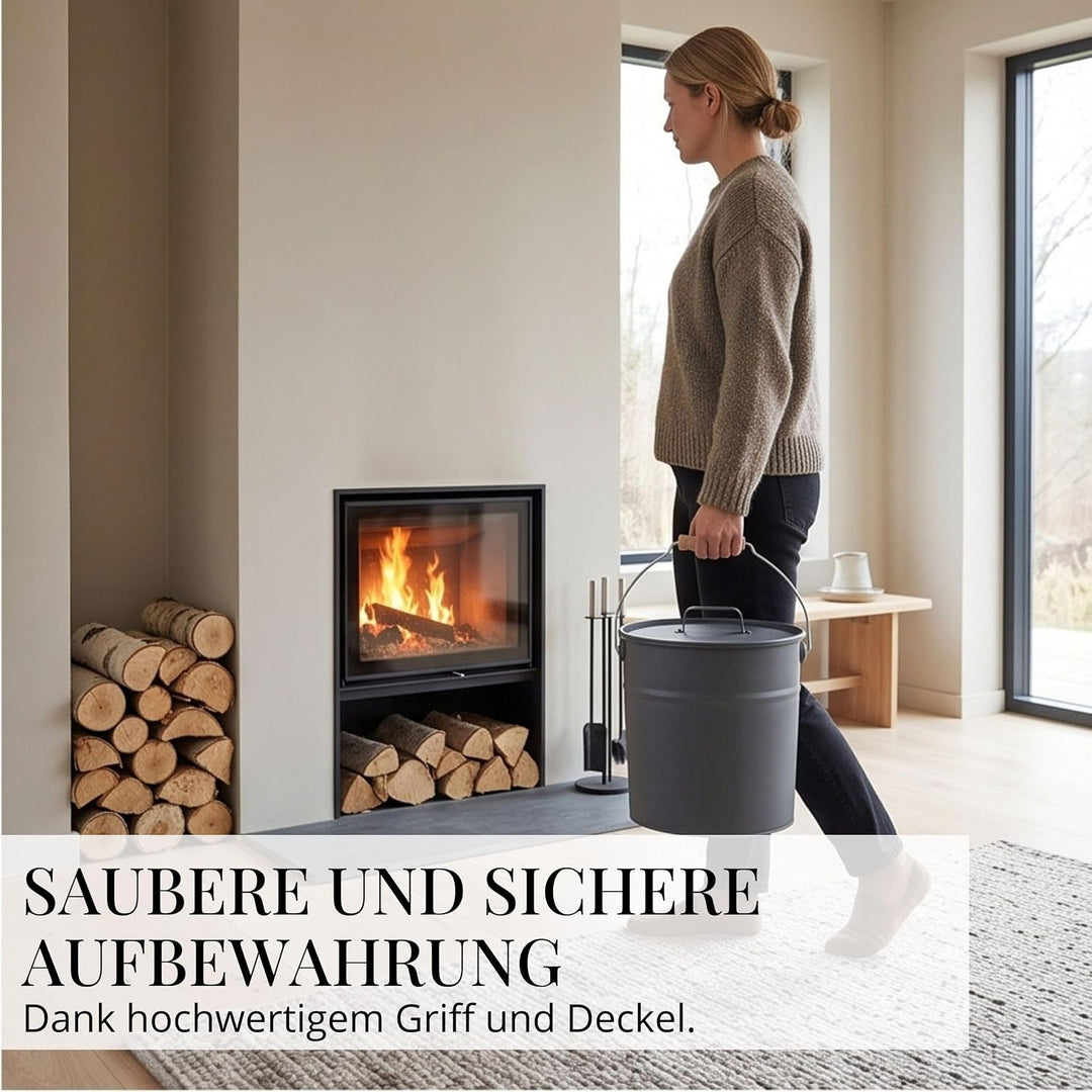 LIVLIG Premium Ascheeimer mit Deckel 12L Anthrazit, verzinkter Eimer mit Deckel für Moderne Kamine,