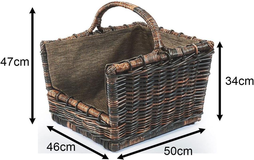 Kobolo Kaminholzkorb Holztrage Holzkorb für Kaminholz -Rattan- mit abnehmbaren dunklem Stoff 50x46x3