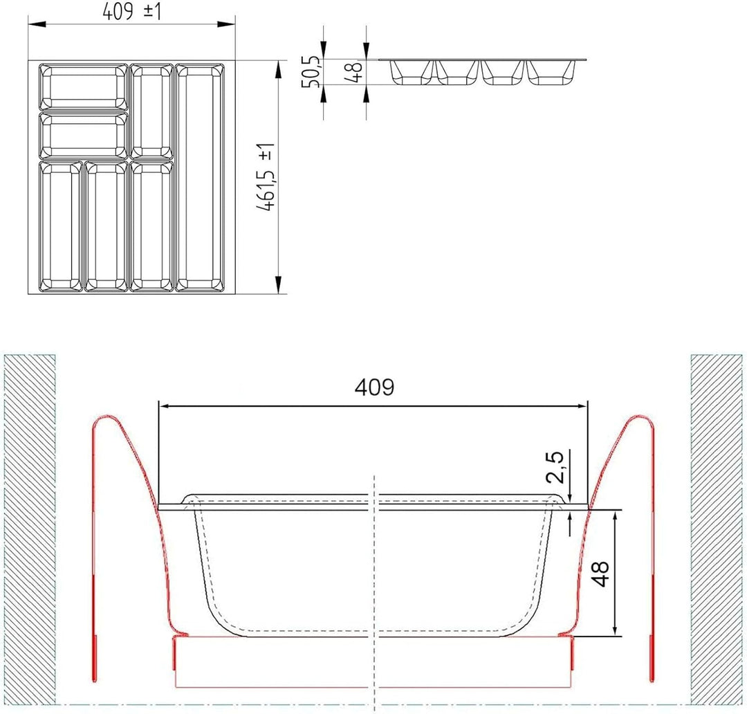 ORGA-BOX 2 Besteckeinsatz Tiefe: 461 x Breite: 409 mm anthrazit mit Canvas Struktur für 50er Nobilia