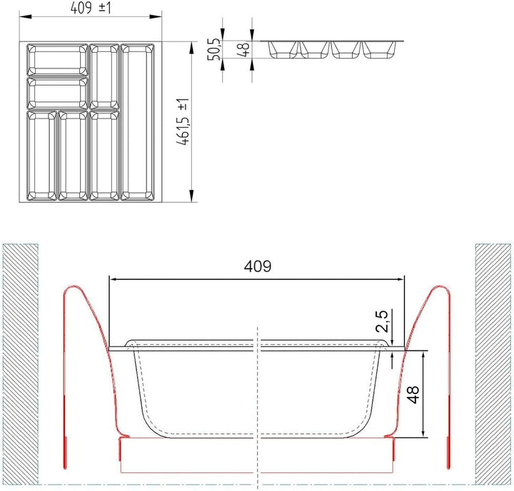 ORGA-BOX 2 Besteckeinsatz Tiefe: 461 x Breite: 409 mm anthrazit mit Canvas Struktur für 50er Nobilia