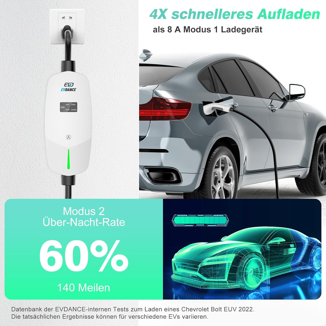 EVDANCE Ladekabel Typ 2 Schuko 6.1m 3.68KW Tragbares Ladegerät mit OLED Bildschirm 6-16A für PHEV/EV