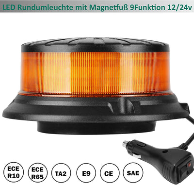 AGRISHOP 12V/24V LED LKW Rundumleuchte Blitzleuchte Magnetfuss,36LED 9Modus Amber Blinkleuchte led O