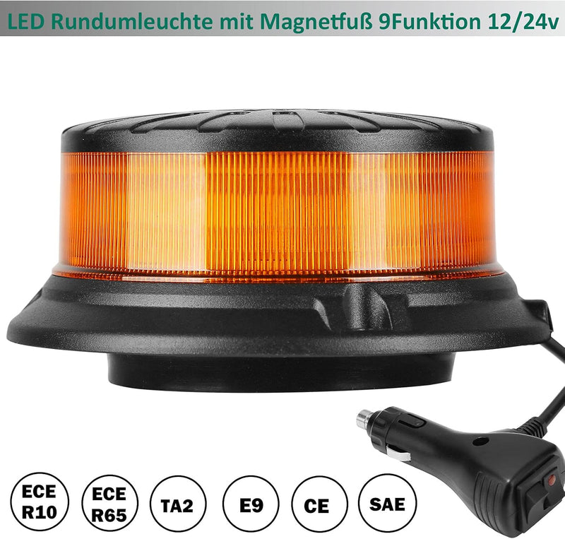 AGRISHOP 12V/24V LED LKW Rundumleuchte Blitzleuchte Magnetfuss,36LED 9Modus Amber Blinkleuchte led O