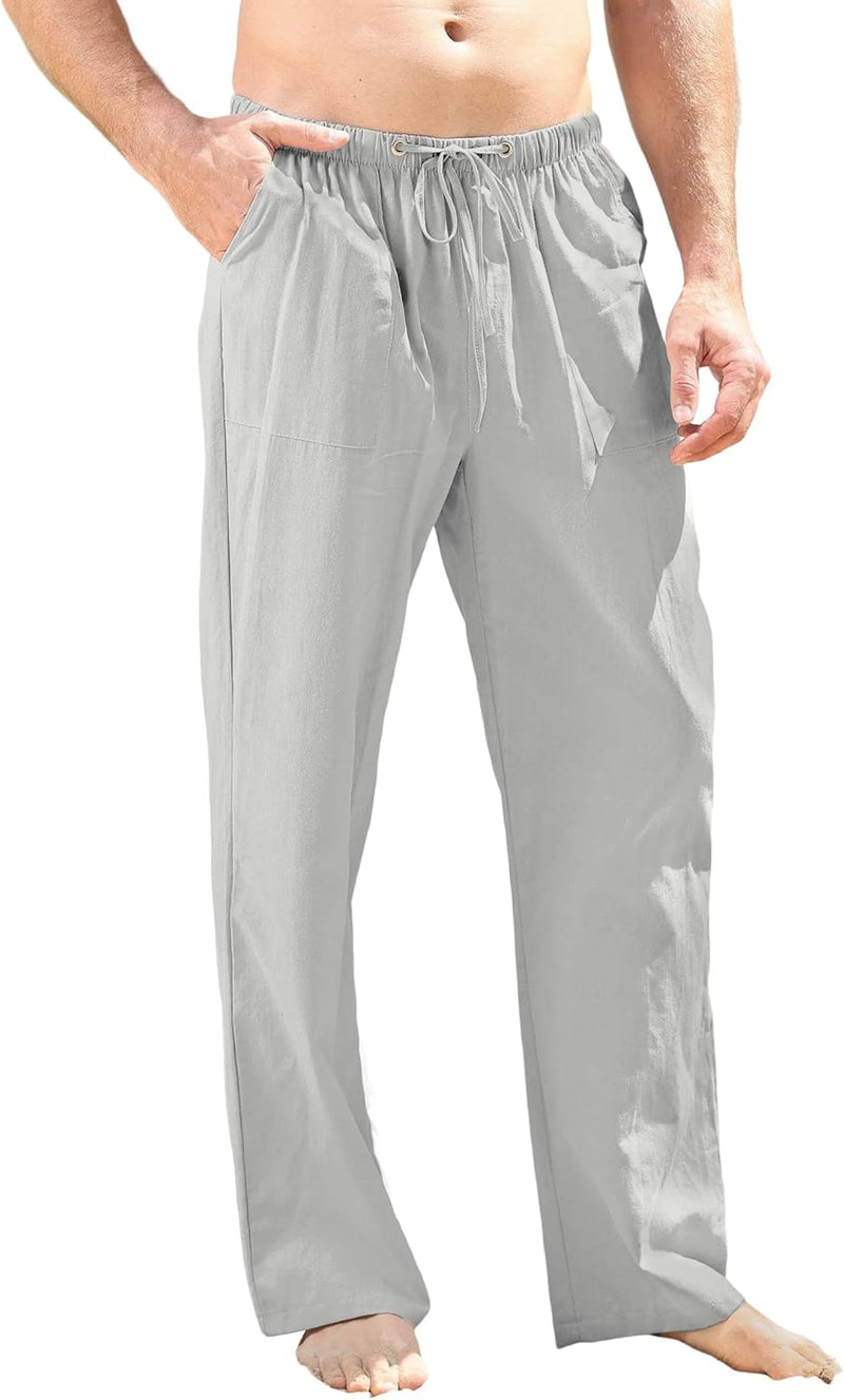 CTU Herren-Leinenhose, leger, elastischer Bund, Sommer, Strand, locker, Yogahose, M-3XL XL Hellgrau,