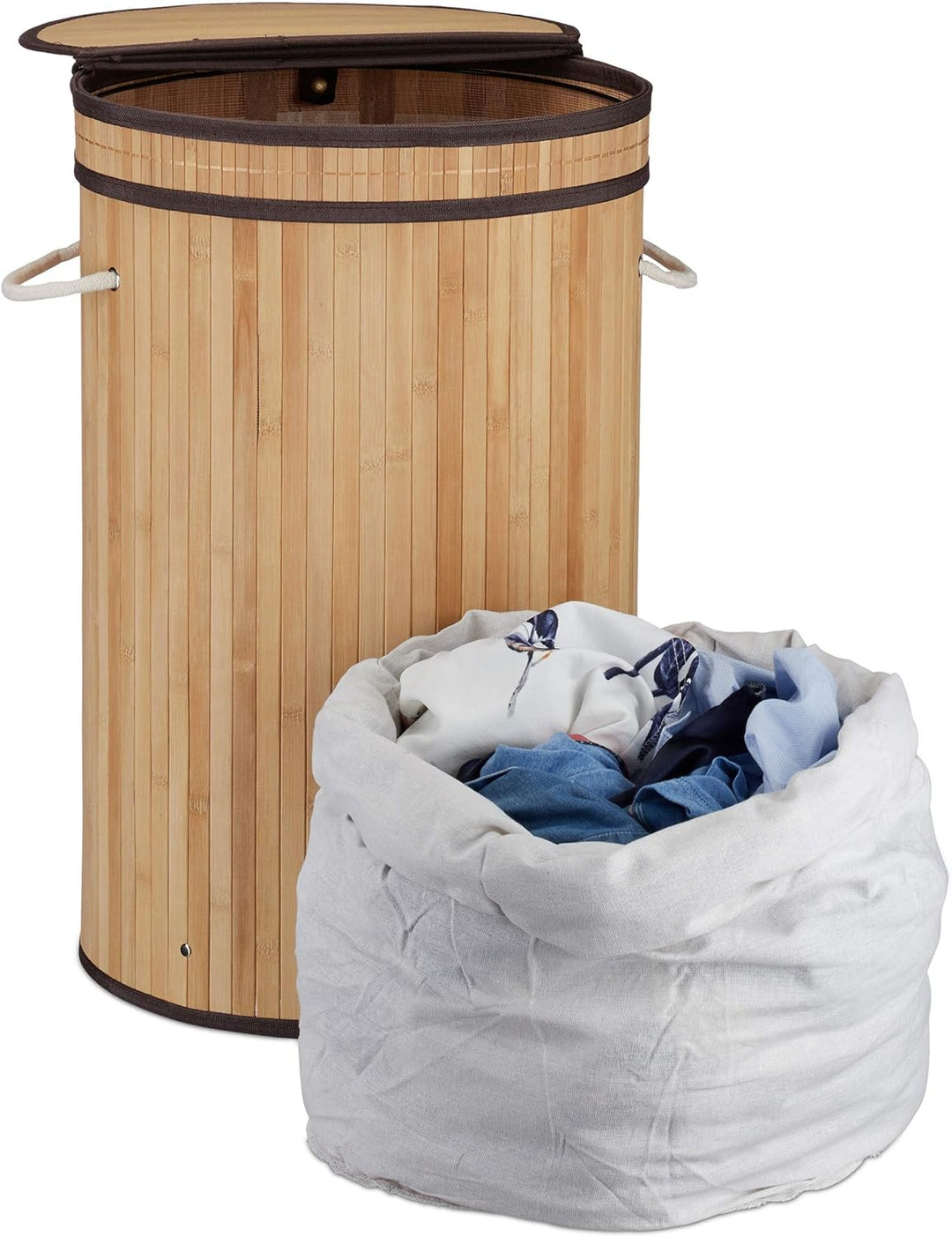 Relaxdays Wäschekorb Bambus, runder Wäschesammler mit Klappdeckel, 65 l, faltbare Wäschetonne, rund