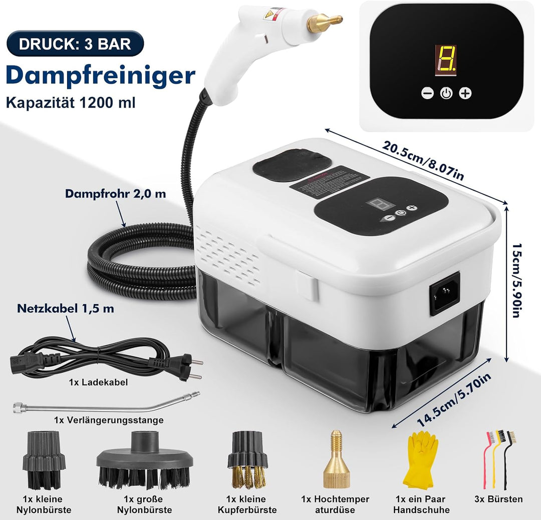 Dampfreiniger für Haushalt und Auto 2500W, 9-Stufig Einstellbarer Dampfreiniger, 1,2 l grosser Tank,
