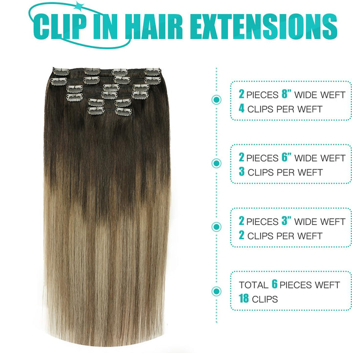 SURNEL Clip in Haarverlängerungen Ombré Walnuss Braun bis Ash Braun und Bleach Blonde 50cm 120g 7 St