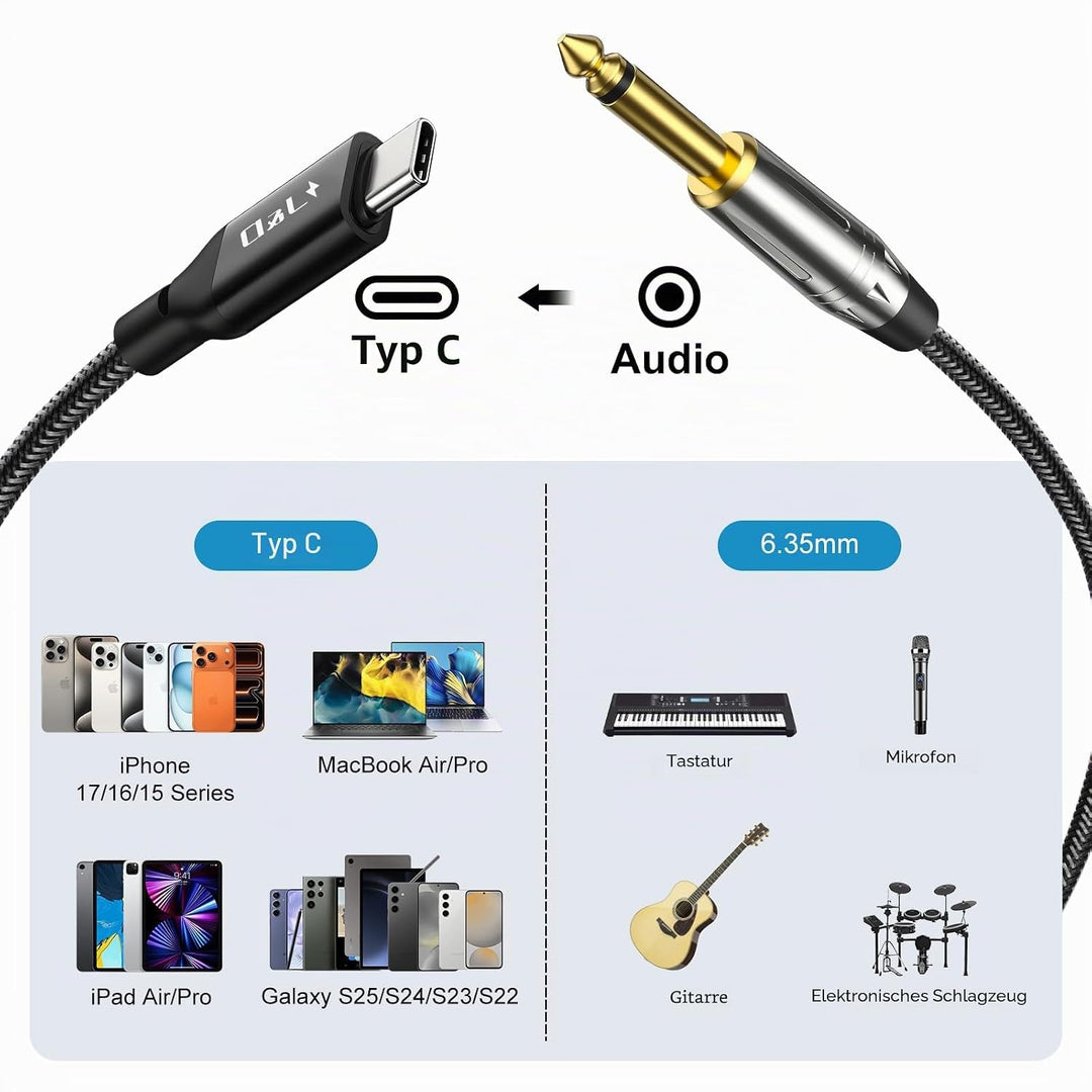 J&amp;D USB Type C zu 6,35 mm 1/4 Zoll TS Gitarren-Audio-Kabel Mikrofonkabel für Audioaufnahme, Bass, El