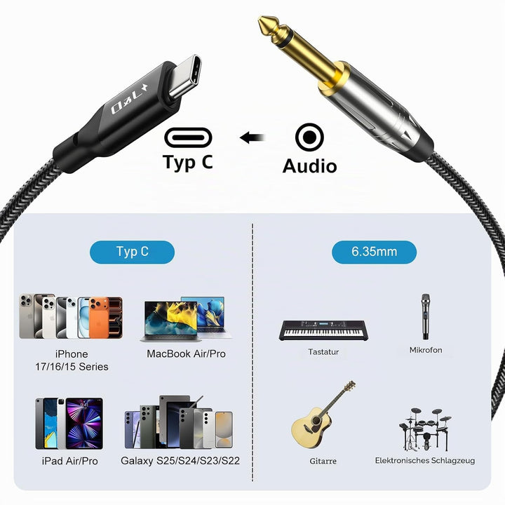 J&amp;D USB Type C zu 6,35 mm 1/4 Zoll TS Gitarren-Audio-Kabel Mikrofonkabel für Audioaufnahme, Bass, El