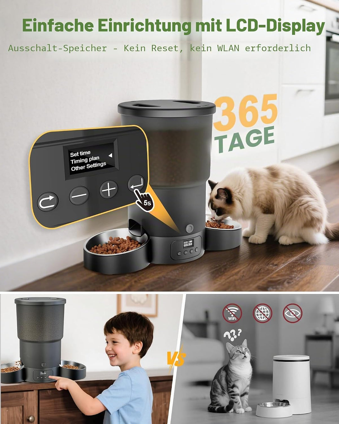 Gimars 5L Futterautomat Katze 2 Näpfe mit LCD-Anzeige Einfache Einrichtung, Programmierbar für 1–6 M