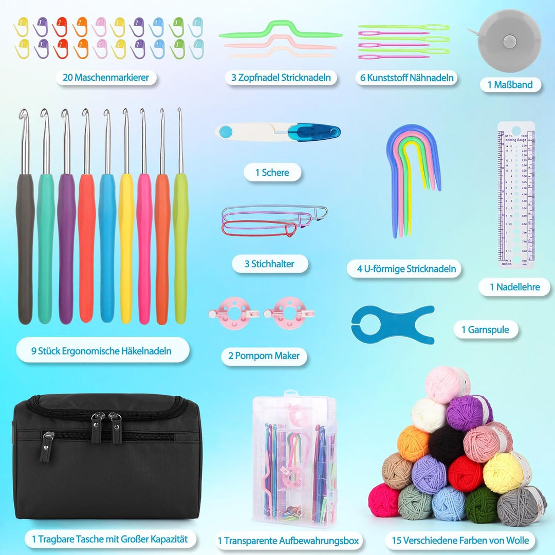Coopay Tragbar Häkelset für Anfänger, Häkelnadel Set mit 15 Wolle, Tasche, Häkelzubehör, Ergonomisch