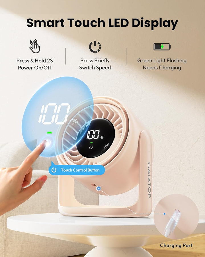 gaiatop Schreibtischventilator mit Touch-Steuerung, 4000 mAh Akku, 5 Geschwindigkeiten Ultra-leise m