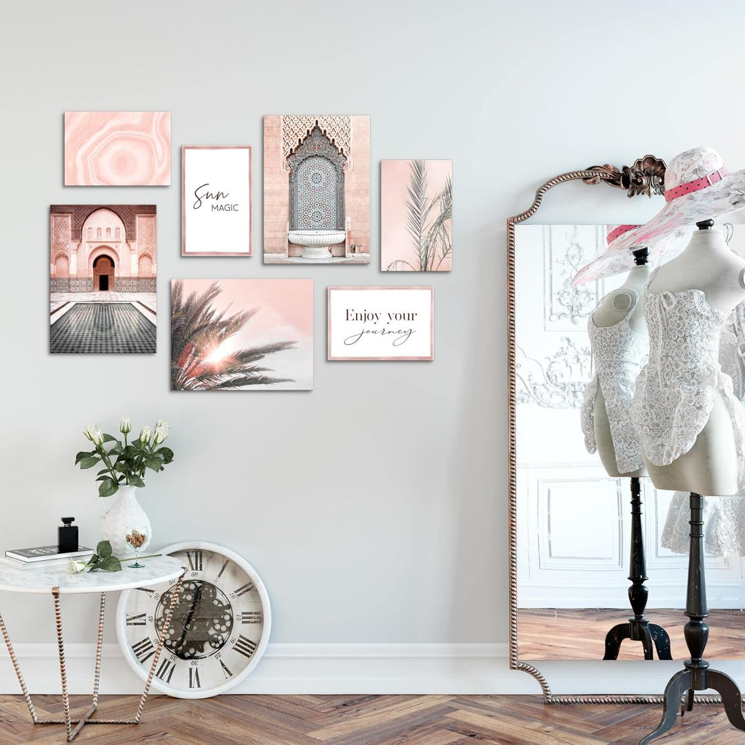 Novart Wandbilder Oriental Marokko Palme - KOMPLETT AUFHÄNGFERTIG - Rosa Beige Wohnzimmer Schlafzimm