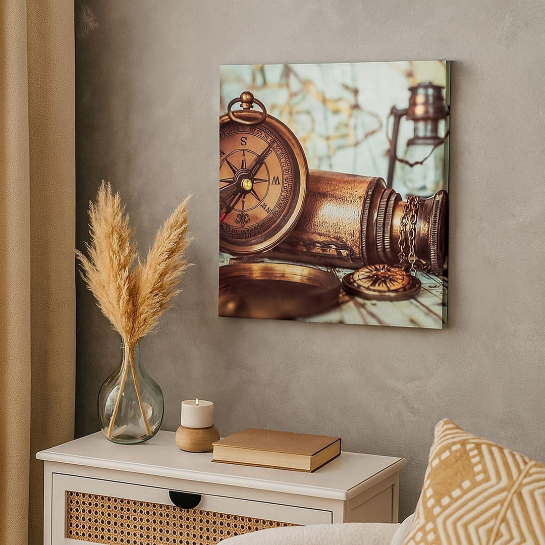 Bilder auf Leinwand Kompass Teleskop Abenteuer antik Leinwandbild 60x60cm Wandbilder Dekoration Wohn