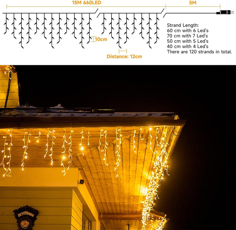 LED Eisregen Lichterkette Aussen, WOWDSGN 15M 660LED Eiszapfen Lichterkette mit Timer 8 Modi IP44 wa