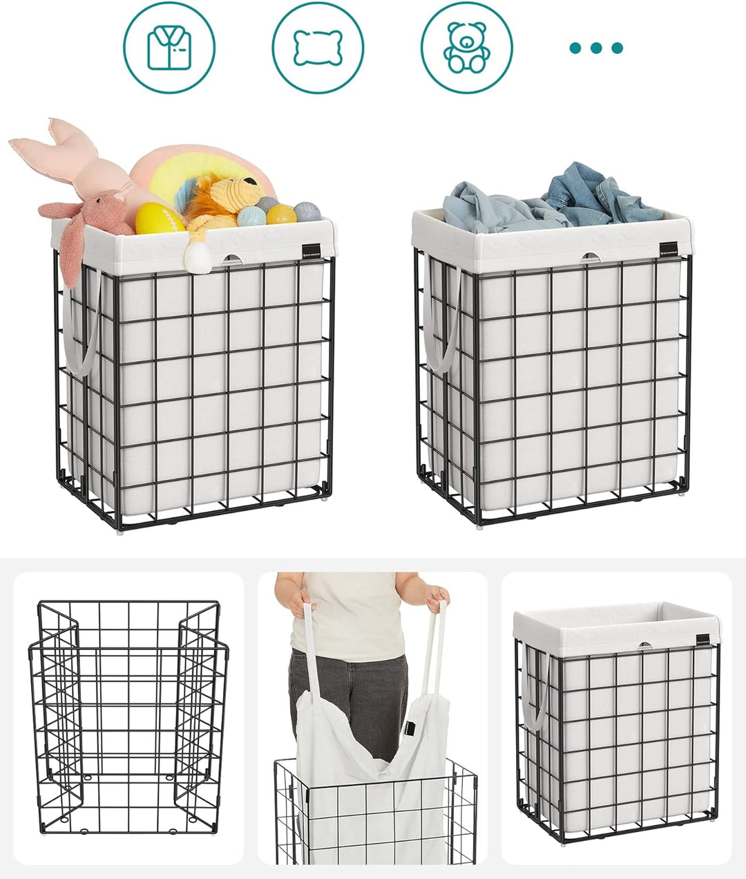SONGMICS Wäschekorb 90L, faltbarer Wäschesammler, abnehmbarer und waschbarer Wäschesack, Metalldraht