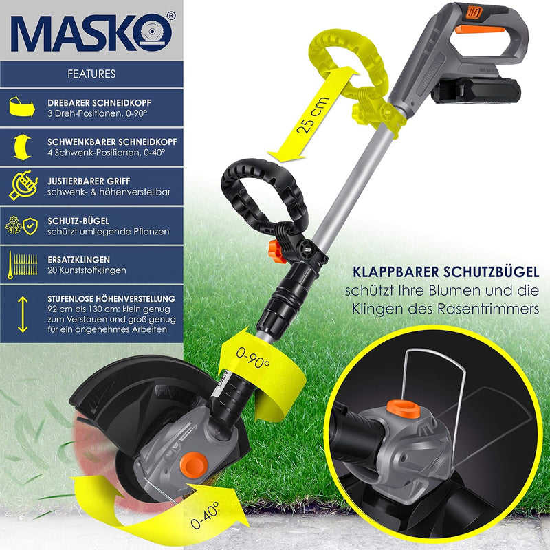 MASKO® Akku-Rasentrimmer mit 20 V Li-Akku, 2,0 Ah Akku und Ladegerät, Motorsense 26 cm Schnittkreis,