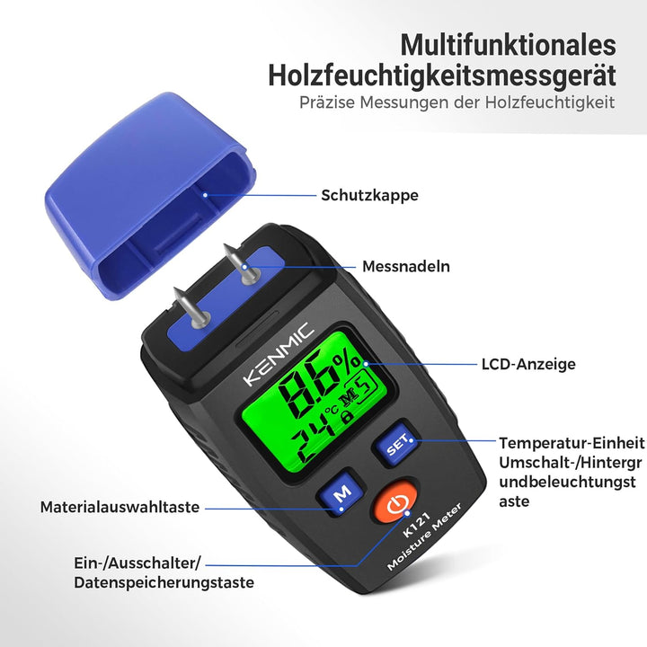 KENMIC Tragbarer Holzfeuchtigkeitsmesser mit LCD und Grünem Licht, Pin-Typ Wasserdetektor, 5 Modi fü