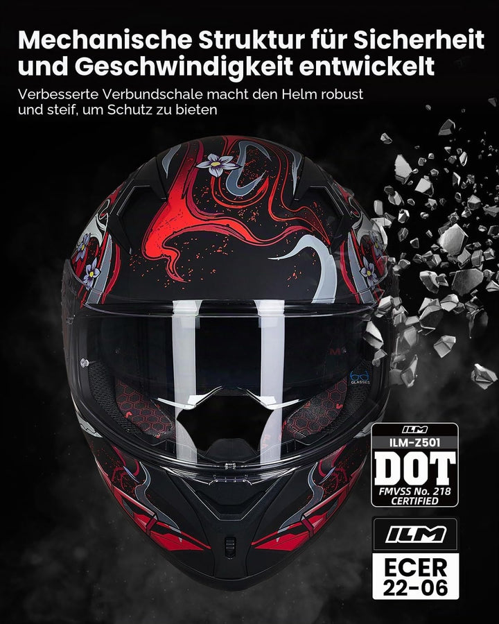 ILM Motorradhelm Integralhelm Herren Damen-Motorcycle Helmet mit 2 Visieren Pinlock-kompatiblen klar