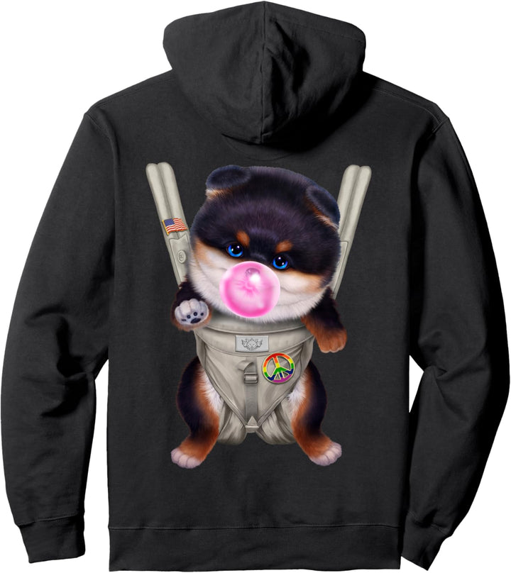 Schwarzer pommerscher Hund mit Kaugummi in der Babytrage Pullover Hoodie