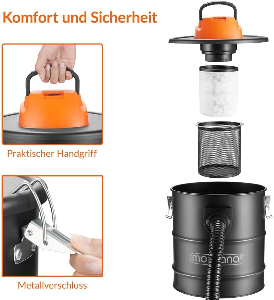 Monzana® Aschesauger für Kamin 20L Blasfunktion 1200W Feinstaub Vorfilter Trockensauger Feuerfester