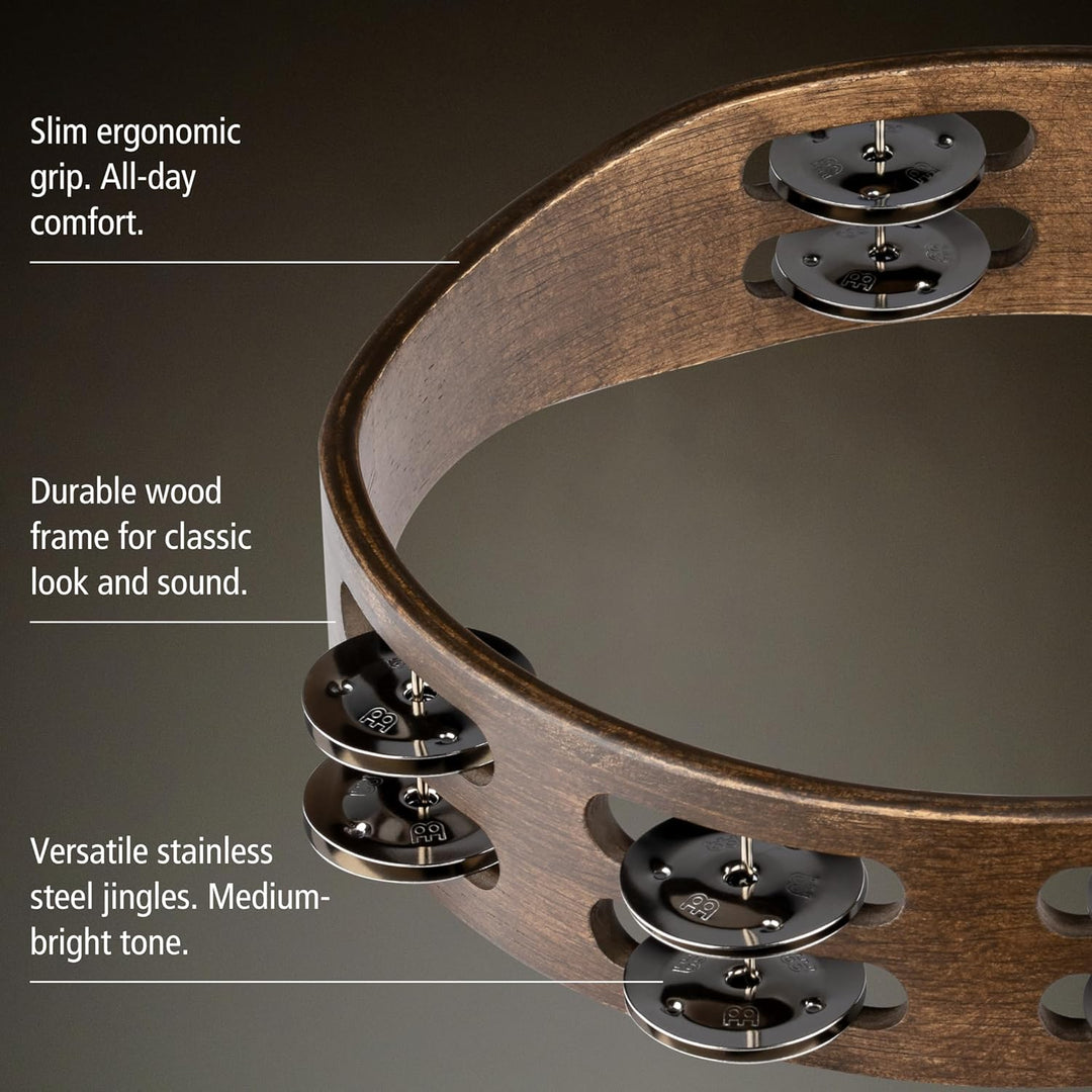 Meinl Percussion TA2WB Holz-Tambourine mit Edelstahlschellen (2-reihig, 25,4 cm (10 Zoll) Durchmesse