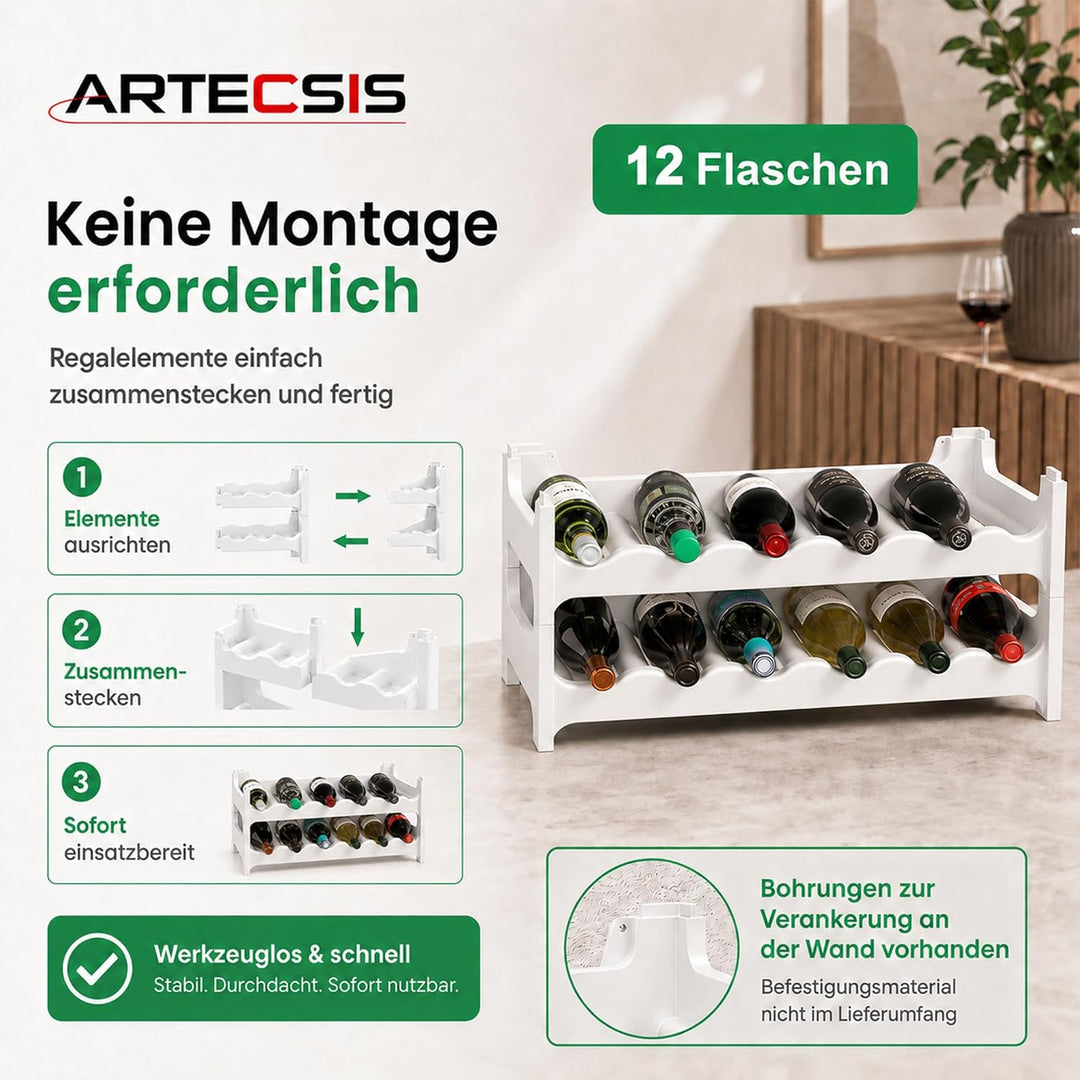 ARTECSIS Weinregal stapelbar Kunststoff für 12 Flaschen, stabiles Flaschenregal in Gastronomie-Quali