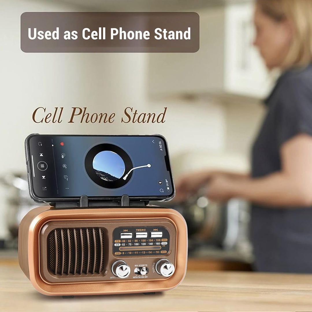 Retro Vintage Radio mit Bluetooth Lautsprecher, Tragbarer Kleiner Vintage AM FM Radio, Solar Batteri