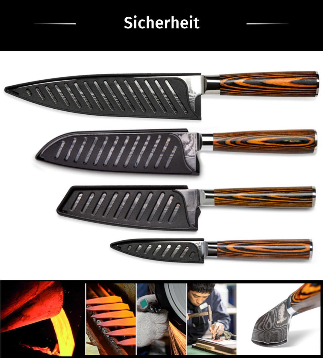 Wolfblood Damastmesser-Set 4er (32cm, 30cm, 24cm und 20cm) Profi-Damast-Küchenmesser Set aus 67 Lage