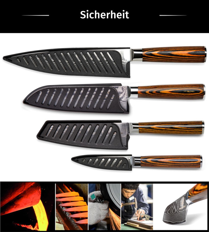 Wolfblood Damastmesser-Set 4er (32cm, 30cm, 24cm und 20cm) Profi-Damast-Küchenmesser Set aus 67 Lage