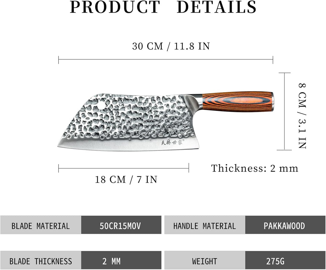 TJ POP Hackmesser Chinesisches Kochmesser Professionelles 18cm, Scharfer Full-Tang Fleischerbeil, 50