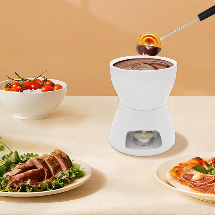Schokofondue Tasse Set, Keramike Schokofondue mit 4 Gabeln und 1 Teelicht, Schokoladenfondue für Hau