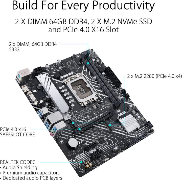 ASUS PRIME B660M-K D4 Gaming Mainboard Sockel Intel LGA 1700 (Intel B660, mATX, DDR4 Speicher, PCIe