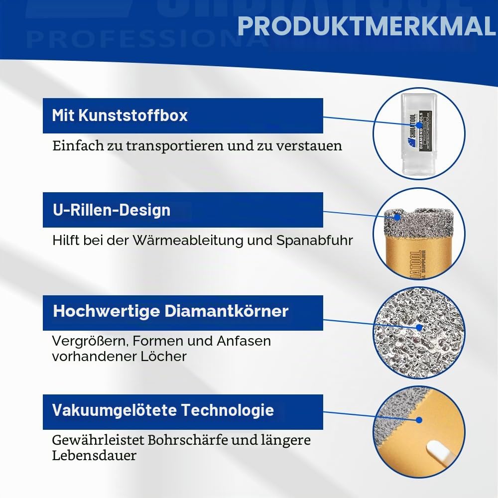 SHDIATOOL Diamant Bohrrone Fliesenbohrer mit M14 Gewinde Vakuumgelötete Diamant Lochsäge für Porzell